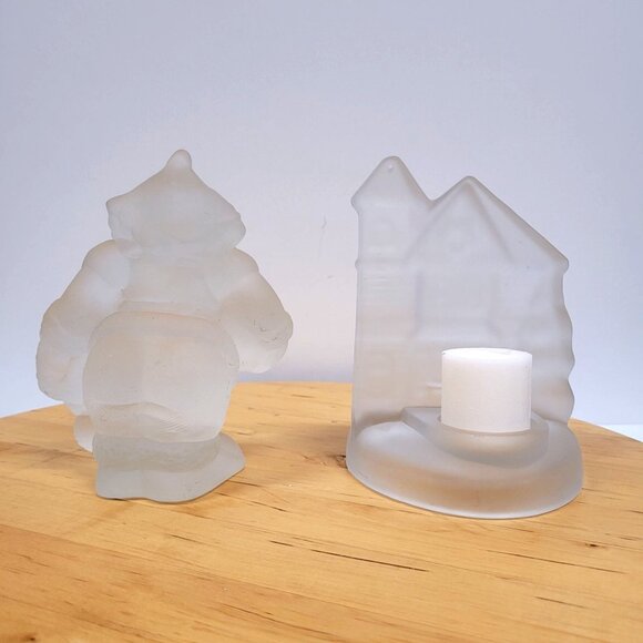Frosted Glass Victorian House Candle Holder and Santa Claus Set 2 Votive 5.5'' - Picture 2 of 7